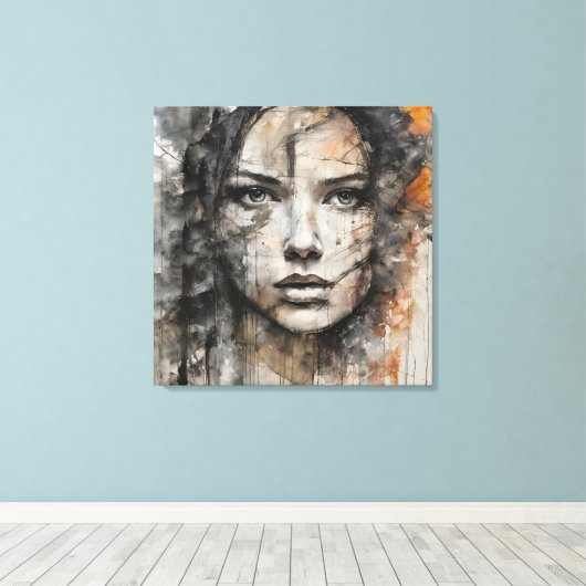 Quadro abstrato rosto de mulher marrom e branco canvas afdruk (Insitu (Houten vloer))