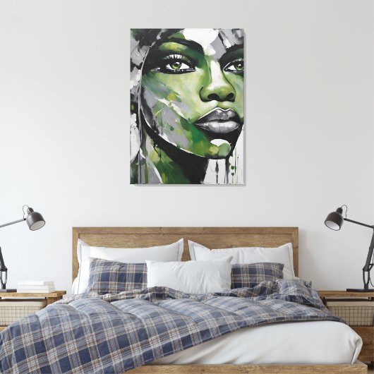 Quadro abstrato rosto de mulher verde cinza, preto canvas afdruk (Insitu (Slaapkamer))
