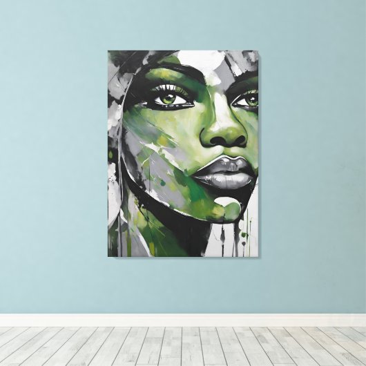 Quadro abstrato rosto de mulher verde cinza, preto canvas afdruk (Insitu (Houten vloer))