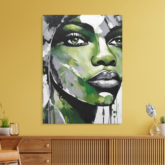 Quadro abstrato rosto de mulher verde cinza, preto canvas afdruk (Insitu (Woonkamer))