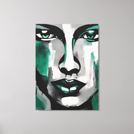 Quadro abstrato rosto de mulher verde cinza preto  canvas afdruk (Voorkant)