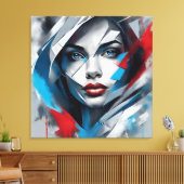 Quadro abstrato rosto de mulher vermelho azul cinz canvas afdruk (Insitu (Woonkamer))
