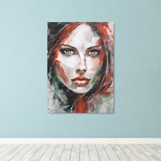 Quadro abstrato rosto de mulher vermelho cinza canvas afdruk (Insitu (Houten vloer))