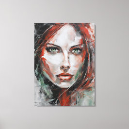 Quadro abstrato rosto de mulher vermelho cinza canvas afdruk