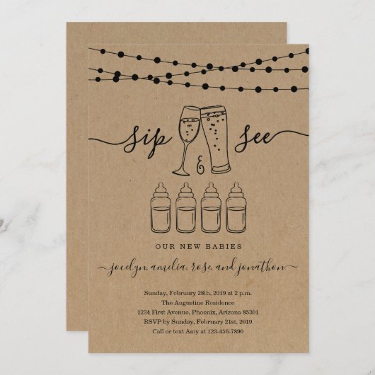 Quadruplets Sip & See Bubbles & Brews Kaart (Voorkant / Achterkant)