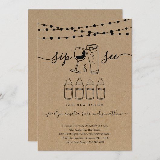Quadruplets Sip & See Wine & Beer Toast Kaart (Voorkant / Achterkant)