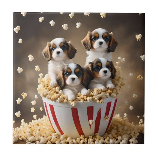 Quads Cavalier Spaniel Puppies in de popcorn, Tegeltje (Voorkant)