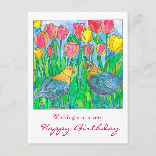 Quail Tulip Garden Happy Birthday Briefkaart (Voorkant)