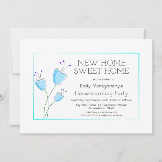 Quaint Blue Floral Housewarming Party Kaart (Voorkant)