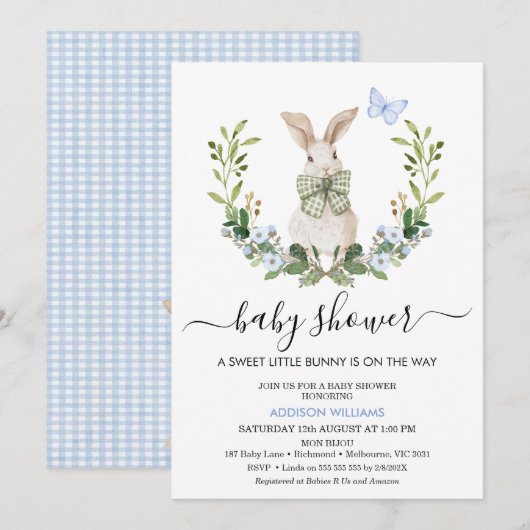 Quaint Blue Green Boys Little Bunny Baby shower Kaart (Voorkant / Achterkant)