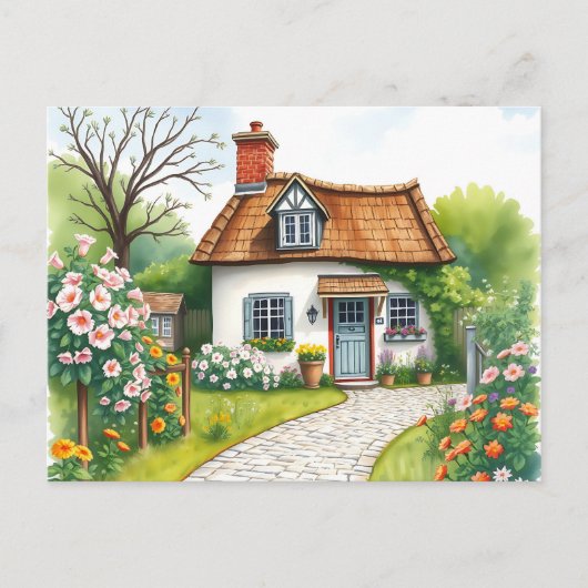 Quaint Cottage Waterverf Bloeiende Bloemen Briefkaart (Voorkant)