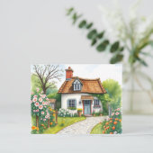 Quaint Cottage Waterverf Bloeiende Bloemen Briefkaart (Staand voorkant)