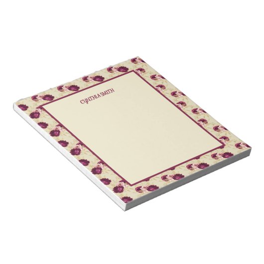 Quaint Romantic Burgundy-Rozen op Cream Notitieblok (Schuin)