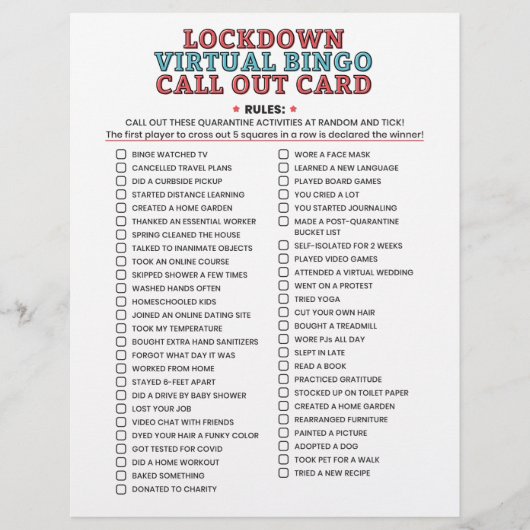 Quarantine Bingo Lockdown Activities Call Out List (Voorkant)