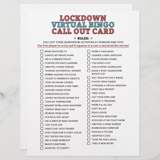 Quarantine Bingo Lockdown Activities Call Out List (Voorkant / Achterkant)
