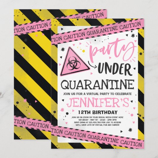 Quarantine Birthday Party Invitation Virtual Zoom Kaart (Voorkant / Achterkant)