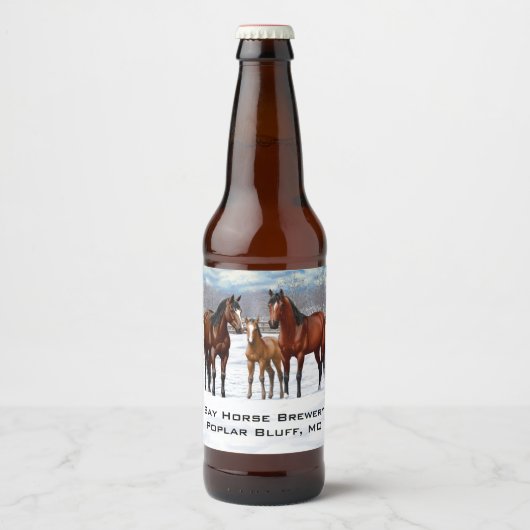 Quarter-paarden van de baai in sneeuw bier etiket (Voorkant)