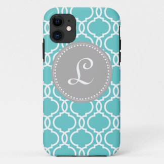 Quatrefoil Aangepast monogram in blauw en grijs Case-Mate iPhone Case