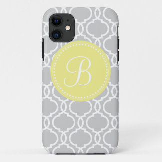 Quatrefoil Aangepast monogram in grijs en geel iPhone 11 Hoesje