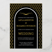 Quatrefoil Black Gold Wedding Morrocan Modern Folie Uitnodiging (Voorkant)