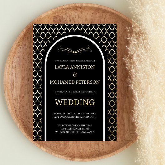 Quatrefoil Black Gold Wedding Morrocan Modern Folie Uitnodiging