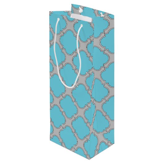 Quatrefoil blauw en grijs wijn cadeautas (Achterkant Gekanteld)