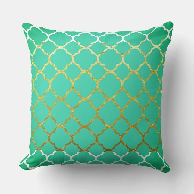 Quatrefoil Blauwgroen Blauw Goud Zeefoam Groen Wit Kussen (Voorkant)