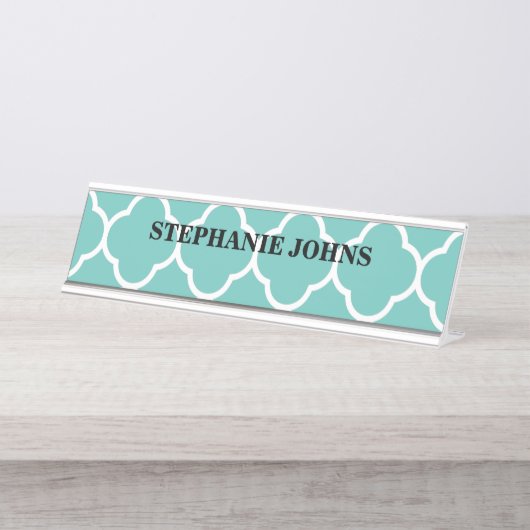 Quatrefoil Blauwgroen Blue White Name Text Sjabloo Bureau Naambordje (Voorkant)