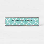 Quatrefoil Blauwgroen Blue White Name Text Sjabloo Bureau Naambordje (Voorkant)