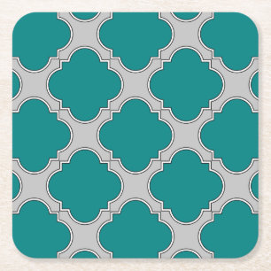 Quatrefoil blauwgroen en grijs kartonnen onderzetters