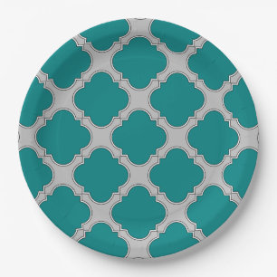 Quatrefoil blauwgroen en grijs papieren bordje