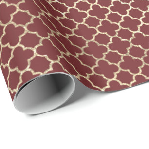 Quatrefoil Burgundy Red Bright Art Deco Faux Gold Cadeaupapier