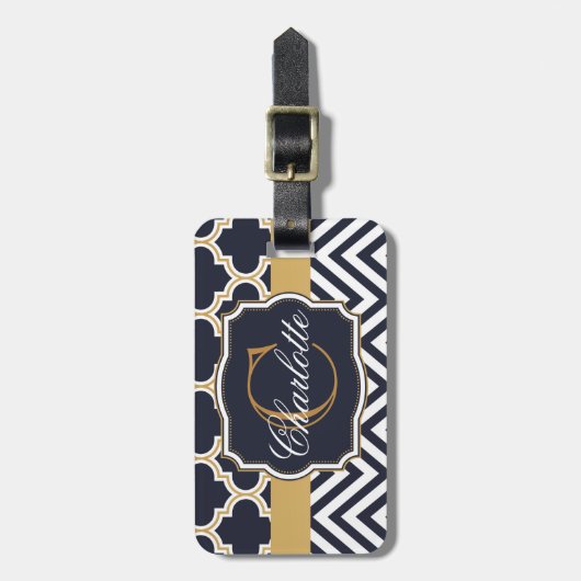 Quatrefoil Chevron Monogram Bagagelabel (Voorkant verticaal)