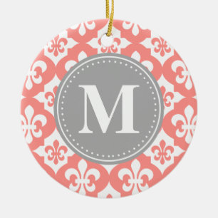 Quatrefoil Fleur-De-Lis Coral Pink Grey Monogram Keramisch Ornament