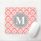 Quatrefoil Fleur-De-Lis Coral Pink Grey Monogram Muismat (Met muis)