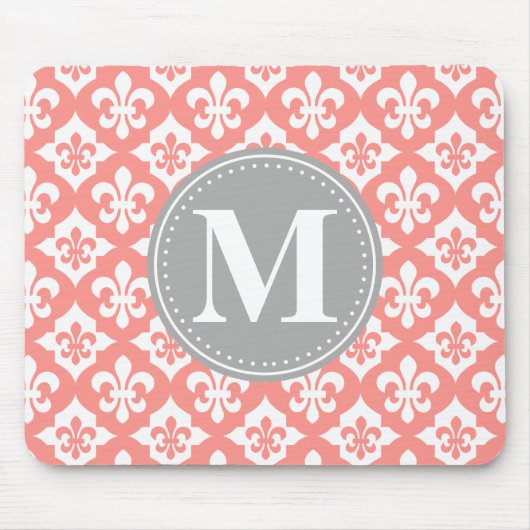 Quatrefoil Fleur-De-Lis Coral Pink Grey Monogram Muismat (Voorkant)