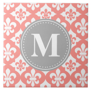 Quatrefoil Fleur-De-Lis Coral Pink Grey Monogram Tegeltje