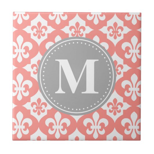 Quatrefoil Fleur-De-Lis Coral Pink Grey Monogram Tegeltje (Voorkant)