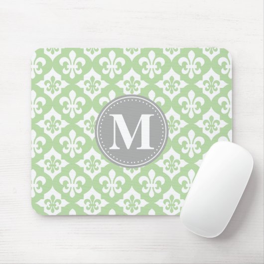 Quatrefoil Fleur-De-Lis Mint Green Grey Monogram Muismat (Met muis)