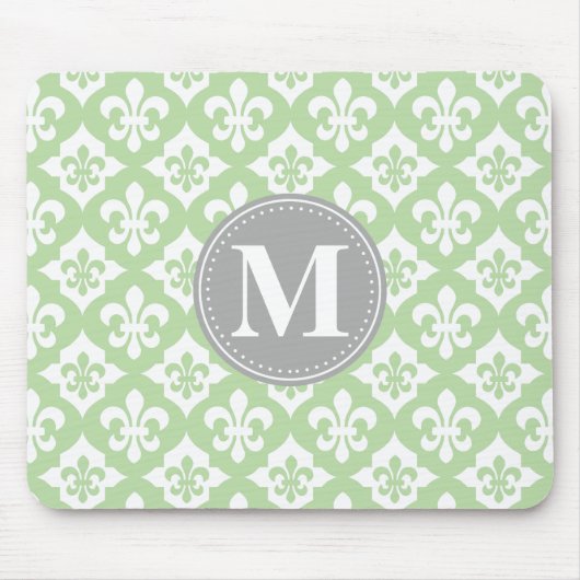 Quatrefoil Fleur-De-Lis Mint Green Grey Monogram Muismat (Voorkant)