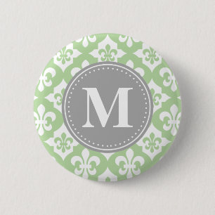 Quatrefoil Fleur-De-Lis Mint Green Grey Monogram Ronde Button 5,7 Cm