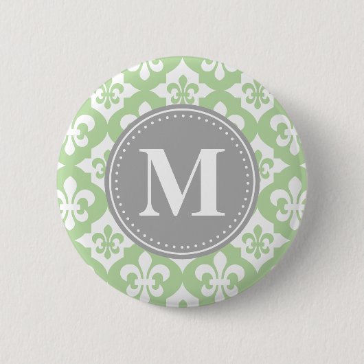 Quatrefoil Fleur-De-Lis Mint Green Grey Monogram Ronde Button 5,7 Cm (Voorkant)