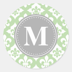 Quatrefoil Fleur-De-Lis Mint Green Grey Monogram Ronde Sticker