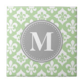 Quatrefoil Fleur-De-Lis Mint Green Grey Monogram Tegeltje (Voorkant)