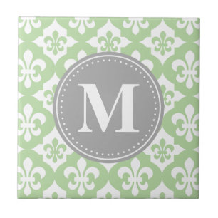 Quatrefoil Fleur-De-Lis Mint Green Grey Monogram Tegeltje