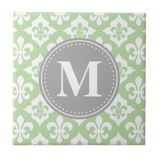 Quatrefoil Fleur-De-Lis Mint Green Grey Monogram Tegeltje (Voorkant)