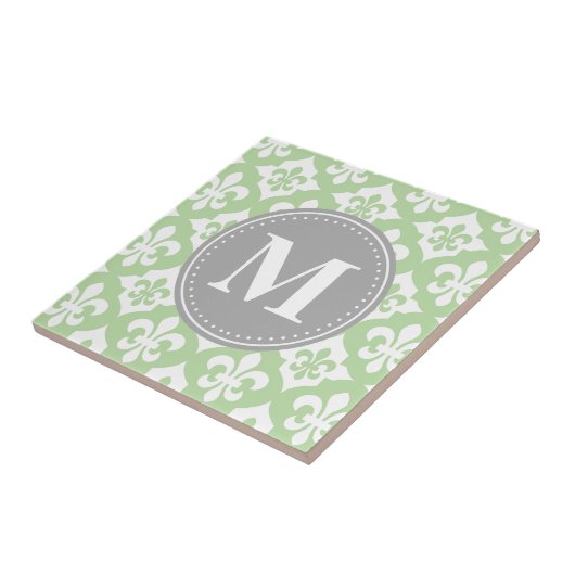 Quatrefoil Fleur-De-Lis Mint Green Grey Monogram Tegeltje (Zijkant)