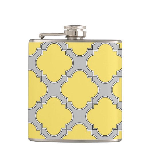 Quatrefoil geel en grijs heupfles (Voorkant)