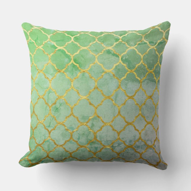 Quatrefoil Goud Blauwgroen Rustieke Zeevlek Groene Kussen (Voorkant)