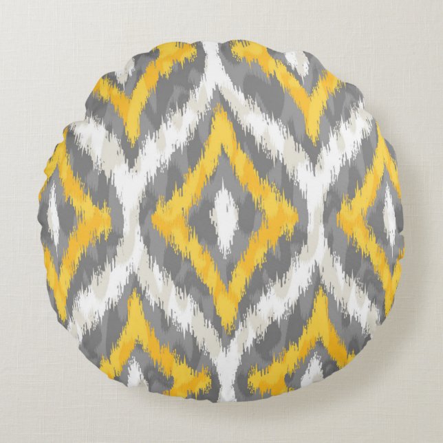 Quatrefoil Ikat patroon in grijs en geel Rond Kussen (Voorkant)